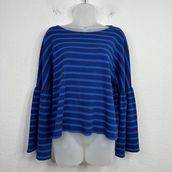 J. Crew Tops - J.Crew Shirt Women Large Blue Striped Bell Sleeve Casual Preppy Coastal Nautical